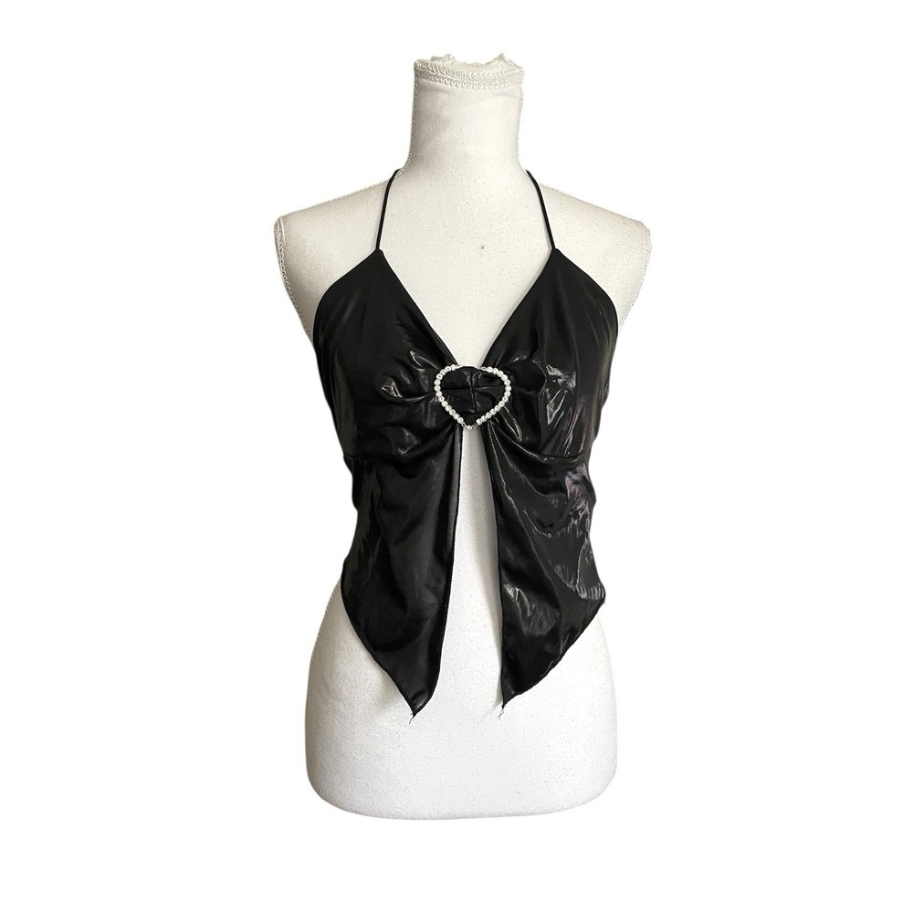 NWT Verdusa Black Halter Crop Top Rave Festival Goth L Rhinestone‎ Bratz Sz L